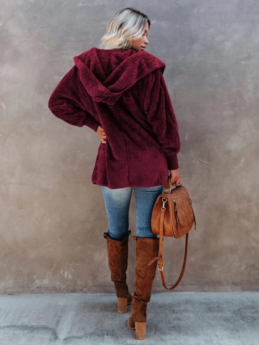 Plush Hooded Teddy Coat - Burgundy